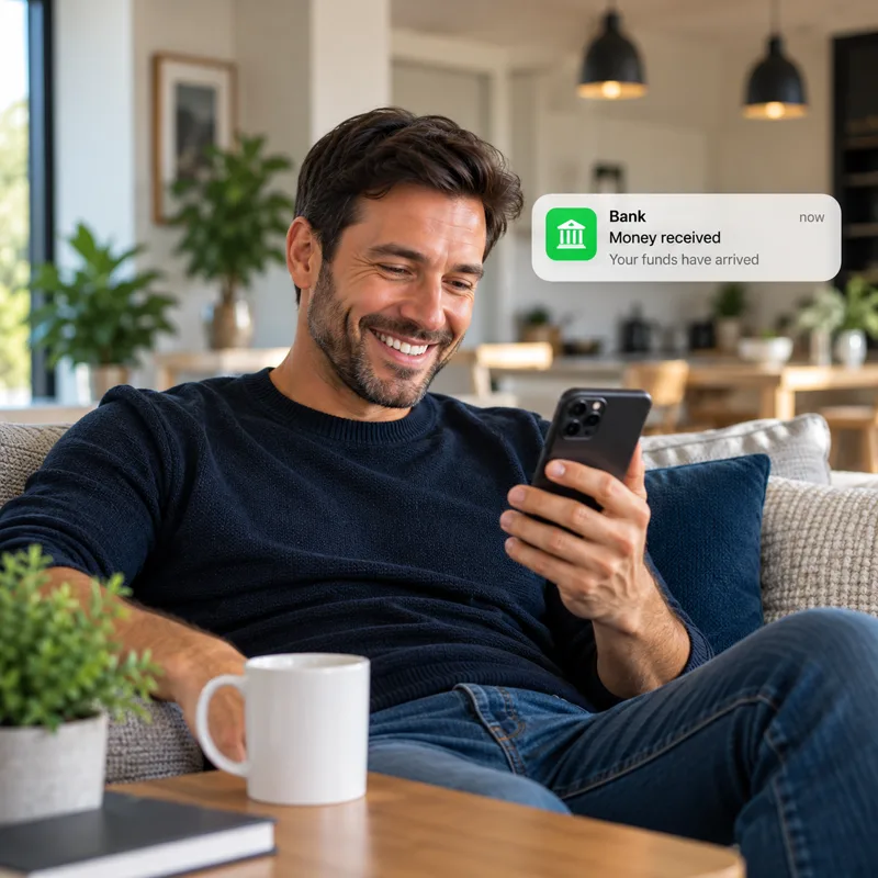 Happy seller receiving funds in his bank account on his phone