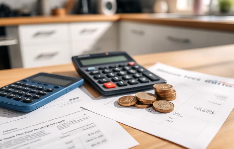 A calculator, coins and paperwork on a kitchen table