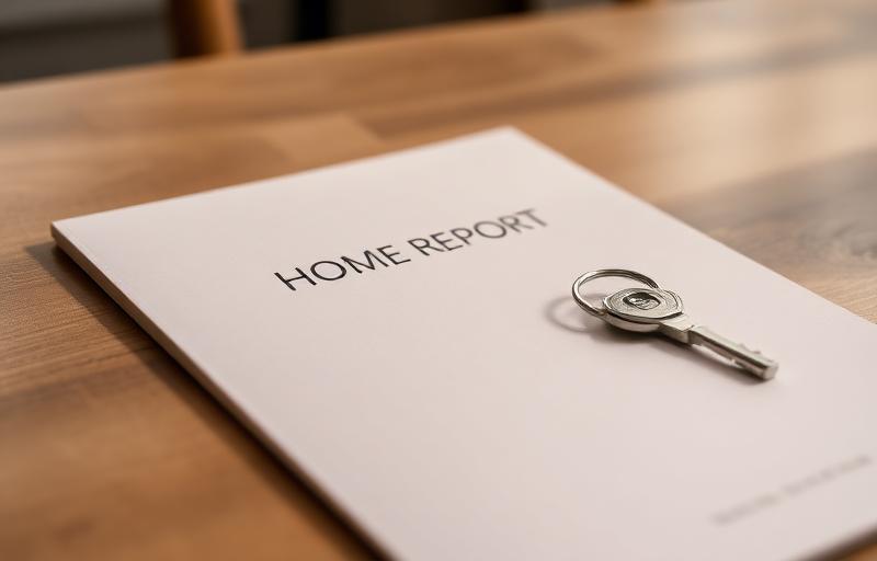 A Home Report document and house keys on a table